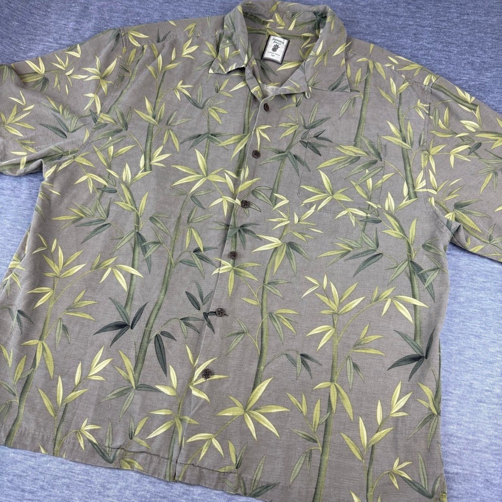 Jamaica Jaxx 100% Silk Men's Green Bamboo Print Button Hawaiian Shirt Mens XXL